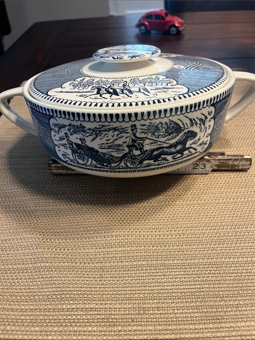 1960’s currier & Ives Ceramic Covered Serving Bowl with Horse & Carriage Motif
